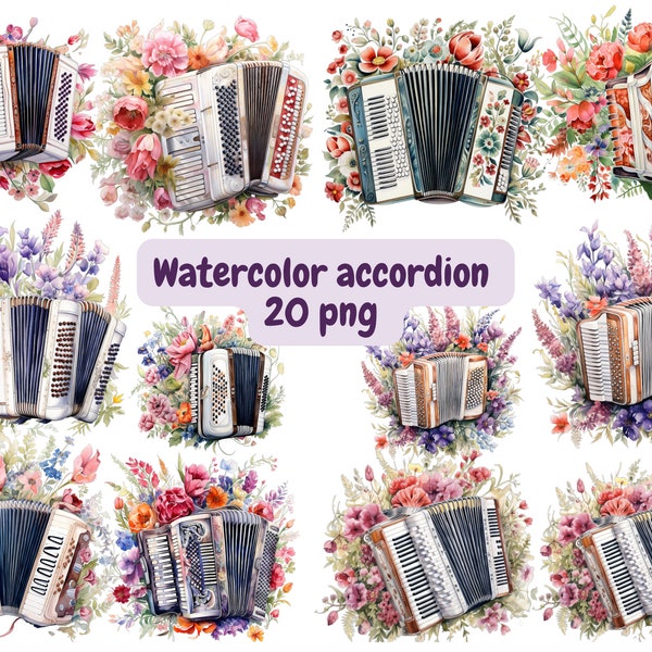 Watercolor floral accordion clipart, transparent background, high quality, clipart, 12x12, commercial use