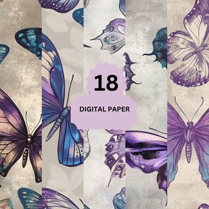 Carta digitale con farfalle grunge – 18 sfondi viola e blu per scrapbooking, diari, artigianato gotico e inviti