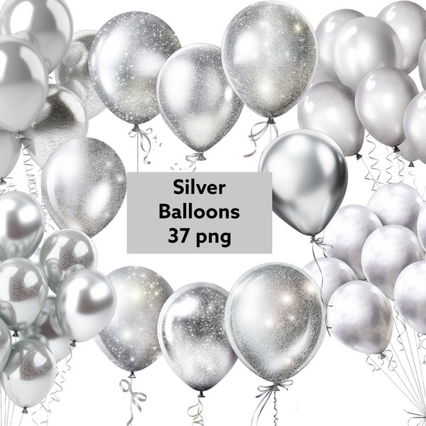 Silver foil balloons ,  transparent background, high quality, clipart, 12x12, commercial use