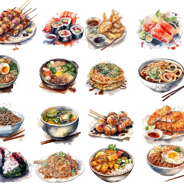 Watercolor Japanese Food Clipart, PNG digital images, transparent background, high quality, clipart, 12x12, commercial use, instant download