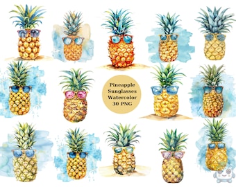 Watercolor Pineapple Sunglasses Clipart, PNG digital files on transparent background, sublimation, commercial use