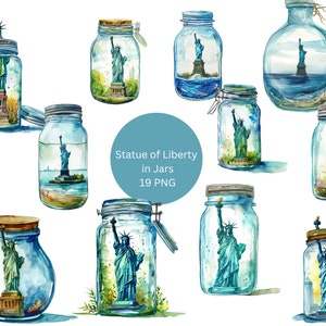 Estátua da Liberdade em aquarela em potes clipart, imagens individuais PNG em fundo transparente, sublimação, uso comercial