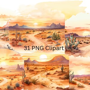 31 paisagens desérticas aquarela clipart, imagens PNG individuais em fundo transparente, sublimação, uso comercial