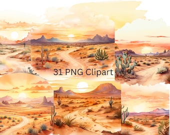 31 Desert Landscapes Watercolor  Clipart, PNG individual images on transparent background, sublimation, commercial use