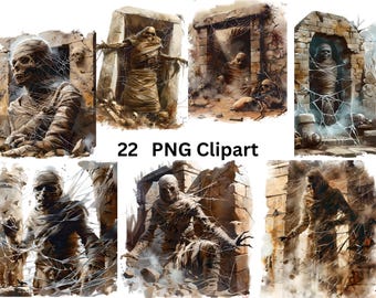 22 Tombstone Mummies Clipart, Halloween Clipart, PNG individual images on transparent background, sublimation