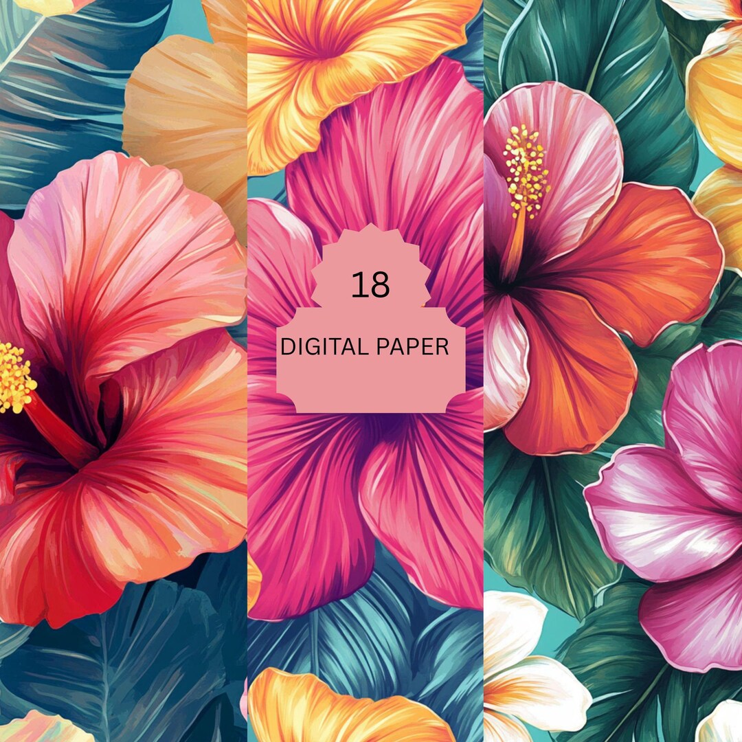 Tropical Hibiscus Digital Paper Pack - Vibrant Floral Patterns for ...