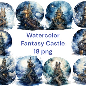 Watercolor Fantasy Castle Clipart, PNG digital files on transparent background, scrapbook, invitations, commercial use, instant download