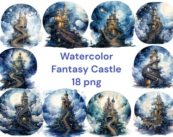 Watercolor Fantasy Castle Clipart, PNG digital files on transparent background, scrapbook, invitations, commercial use, instant download