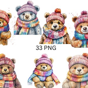 居心地の良い冬のクマのクリップアート - スカーフと帽子をかぶった 33 匹のかわいいクマ - 愛らしい動物、透明な背景の PNG 個別画像