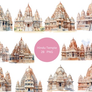 28 temples hindous clipart aquarelle, clipart Inde, images individuelles PNG sur fond transparent, sublimation