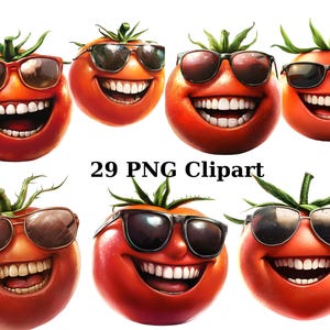 29 Funny Tomatoes with Sunglasses Clipart, Whimsical Clipart, PNG individual images on transparent background, sublimation