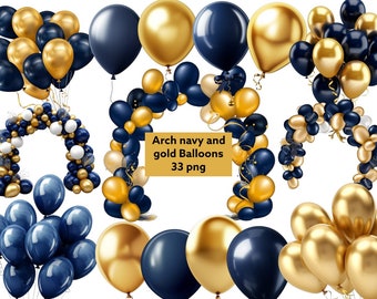 Marine en gouden ballonnen, boogballonnen, transparante achtergrond, hoge kwaliteit, clipart, 12x12, commercieel gebruik