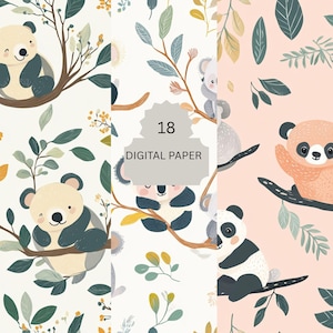Lindo paquete de papel digital de panda y koala: 18 fondos de animales bebés para decoración de guarderías, scrapbooking y baby shower.