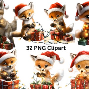 32 renards de Noël avec des cadeaux aquarelle clipart, clipart Noël, images PNG sur fond transparent