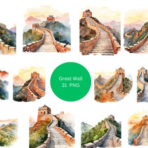 31 Gran Muralla China Acuarela Clipart, China Clipart, imágenes individuales PNG sobre fondo transparente, sublimación