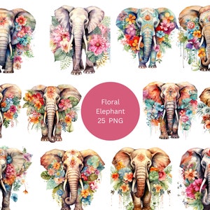 25 Floral Elephants Watercolor Clipart, Floral Clipart, PNG individual images on transparent background, sublimation