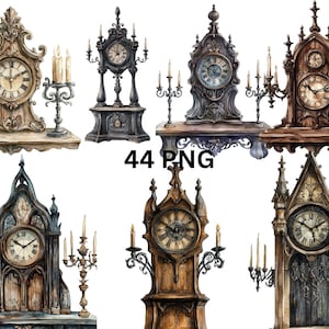 May include: Set of seven antique-style clocks with ornate details and candle holders. The clocks have Roman numeral faces and are made of wood with a distressed finish.
