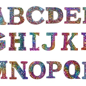 Aquarell Bunte Glitzer Alphabet Clipart, PNG Einzelbilder auf transparentem Hintergrund, Sublimation, kommerzielle Nutzung