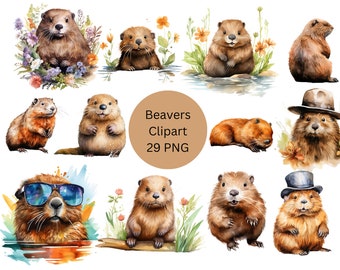 Watercolor Beavers Clipart, PNG digital files on transparent background, sublimation, commercial use
