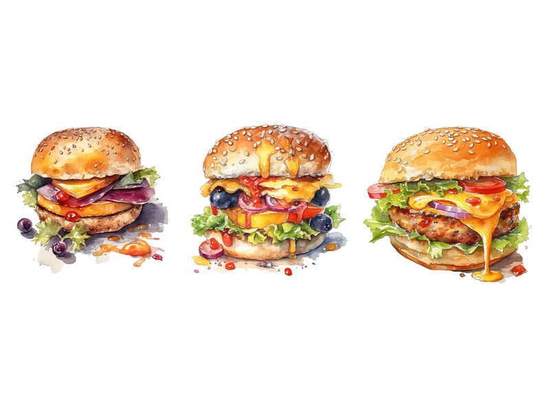 Aquarell Burger Clipart, 27 saftige PNG-Bilder, hohe Qualität, transparenter Hintergrund, 12x12, kommerzielle Nutzung Bild 3