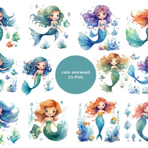 33 süße Meerjungfrauen Aquarell Clipart, Sirene Clipart, Kinder Clipart, PNG Einzelbilder auf transparentem Hintergrund, Sublimation