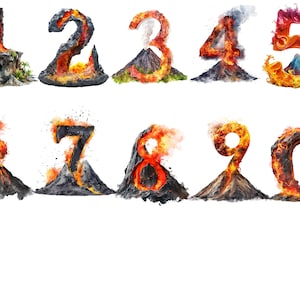 Clipart de números de volcán de acuarela, imágenes individuales PNG sobre fondo transparente, sublimación, uso comercial