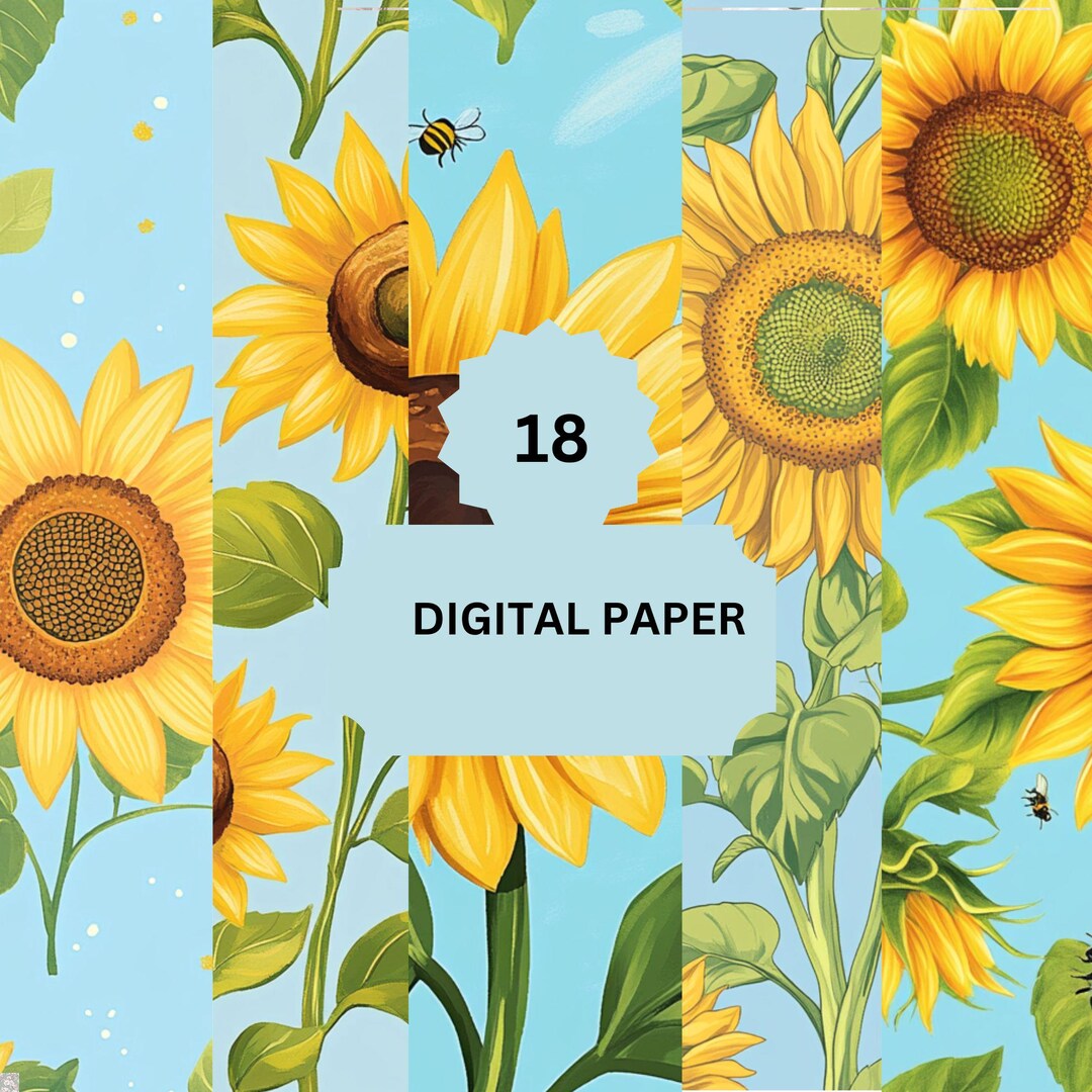 Sunflower Digital Paper Pack – Bright Yellow Flowers & Bees on Blue ...