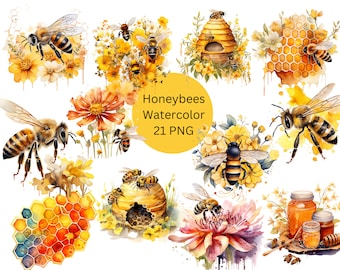 Watercolor Honeybees Clipart, PNG digital files on transparent background, sublimation, commercial use