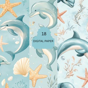 Carta digitale con delfini e oceano - 18 sfondi sottomarini con stelle marine, conchiglie ed elementi marini per lavoretti creativi