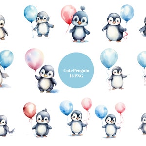 18 schattige pinguïns met ballon aquarel clipart, baby pinguïns, digitale PNG-bestanden op transparante achtergrond, sublimatie