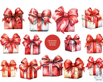 50 Christmas Presents Watercolor Clipart, Christmas Clipart, PNG individual images on transparent background, sublimation