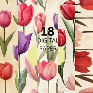 Papier numérique tulipe - Arrière-plans floraux printaniers aquarelles, tulipes rouges roses violettes imprimables pour le scrapbooking et les travaux manuels