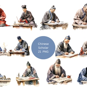 21 Chinese Scholars Watercolor Clipart, China Clipart, PNG individual images on transparent background, sublimation