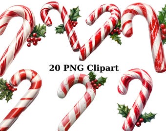 20 Festive Candy Canes Clipart, Christmas Clipart, PNG individual images on transparent background, sublimation