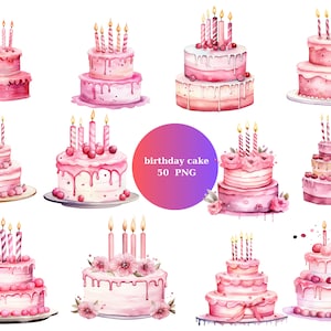 50 Pink Birthday Cakes Watercolor Clipart, Birthday Clipart, PNG individual images on transparent background, sublimation