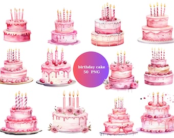50 torte di compleanno rosa Clipart ad acquerello, clipart di compleanno, singole immagini PNG su sfondo trasparente, sublimazione
