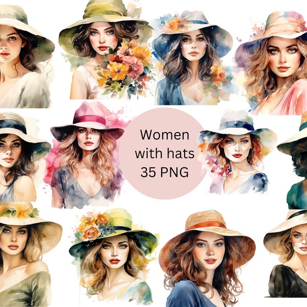 Aquarelle de femmes avec des chapeaux des cliparts, femmes élégantes, fichiers numériques PNG sur fond transparent, scrapbooking, sublimation