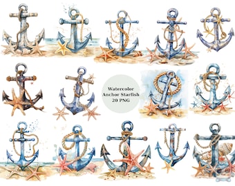 Peut inclure: Illustration aquarelle de 20 ancres bleues avec des cordes et des étoiles de mer sur un fond de plage de sable. Les ancres sont peintes dans un style réaliste avec des détails comme la rouille et la peinture usée. Les étoiles de mer sont dans différentes nuances de rose, orange et rouge.
