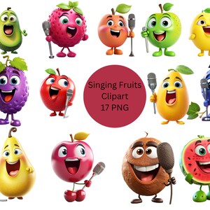 Aquarell Singing Fruits Clipart, digitale PNG-Dateien auf einem transparenten Hintergrund, Scrapbook, Einladungen, kommerzielle Nutzung, sofortiger Download