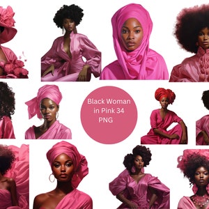 34 donne nere in rosa acquerello Clipart, donne di colore Clipart, singole immagini PNG su sfondo trasparente, sublimazione