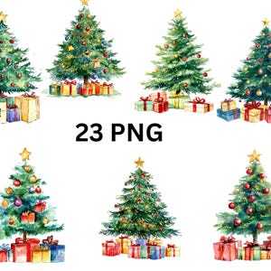 Árbol de Navidad con regalos Clipart / 23 árboles navideños PNG, imágenes PNG individuales sobre fondo transparente, sublimación
