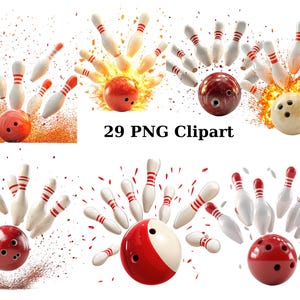 Puede incluir: Un conjunto de 29 bolos y bolas de bolos en varias posiciones, algunas con rayas rojas y blancas, otras con lunares rojos y blancos. Los bolos están dispersos alrededor de las bolas, algunos están de pie, otros están tumbados. Las bolas son rojas, blancas y marrones. El fondo es blanco.