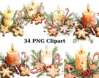 34 Festive Candles with Gingerbread Clipart, Christmas Clipart, PNG individual images on transparent background, sublimation