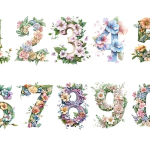 Bloemen aquarel nummer clipart set - elegante pastel bloem nummers, instant download voor commercieel gebruik, hoge resolutie, commercieel gebruik