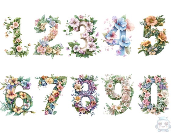 Floral Watercolor Number Clipart Set - Elegant Pastel Flower Numbers, instant download for commercial use, High resolution, commercial use