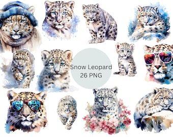 Acuarela Snow Leopard Clipart, archivos digitales PNG sobre fondo transparente, sublimación, uso comercial