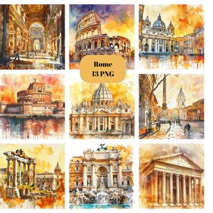 Clipart Roma ad acquerello, colori caldi, clipart Colosseo, singole immagini PNG su sfondo trasparente, sublimazione, uso commerciale