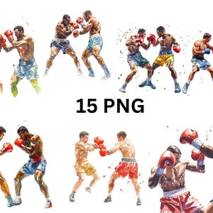 Conjunto de imágenes prediseñadas de luchadores de boxeo / 15 ilustraciones digitales de boxeo PNG, imágenes PNG individuales sobre fondo transparente, sublimación