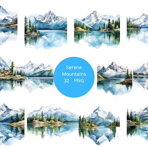 32 clipart de aquarela de montanhas serenas, clipart de natureza, imagens individuais PNG em fundo transparente, sublimação