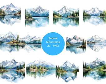 32 Serene Mountains Watercolor Clipart, Nature Clipart, PNG individual images on transparent background, sublimation